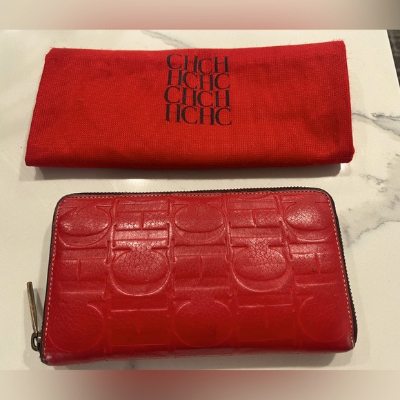 CAROLINA HERRERA Red Monogram Embossed Leather Zipper Continental Wallet - Picture 4 of 14